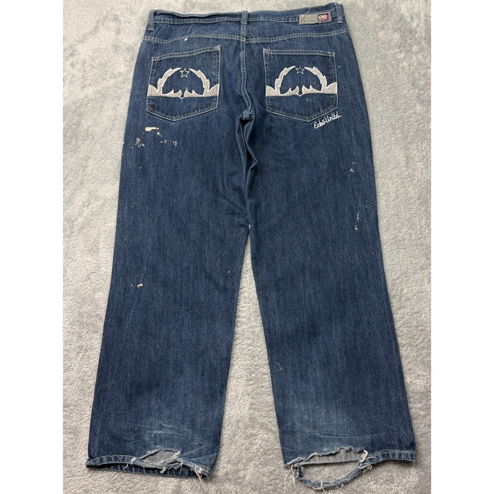 Ecko Untld Wide Leg Jeans Mens 38x31 Blue Baggy Y2K Distressed Denim Skater 90s